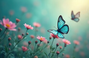 Teal butterflies flutter over pink, turquoise flowers in meadow. Springtime landscape with flora insect. Macro photo with dreamy, fantasy vibes for nature, summer themes.
