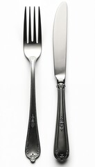 Isolated shiny fork knife on white background. Silverware classic design. Kitchen utensil cutlery. Table setting, dining concept. Stainless steel tableware.
