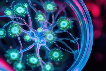 A stylized, abstract depiction of neurons with glowing green cell bodies and interconnected blue pathways, set in a petri dish.