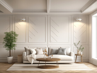 Modern minimalist living room interior with board and batten wall panelling in light colors and light color interior. Living room with wall panels, couch and simple minimalist decor