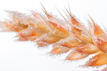 A close-up captures a wheat stalk covered in dew drops, sparkling on a bright, clean background.