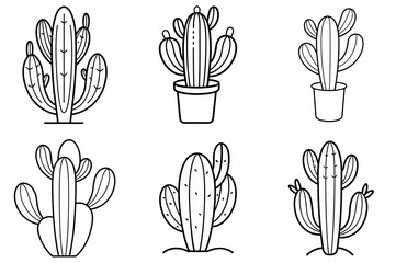 Fototapeta premium Cacti Outline Coloring Book Page Line Art Drawing Set on White Background