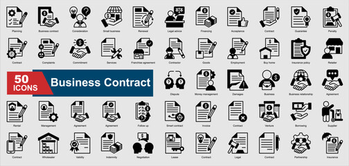 A collection of black Business Contract icons. Includes agreement, negotiation, legal, invoice, franchise, and more. Perfect for illustrations and designs.