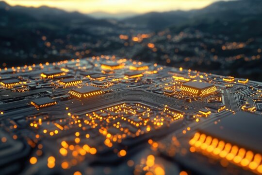 A detailed circuit board with glowing connections resembles a futuristic city landscape against a blurred sunset horizon. - Powered by Adobe