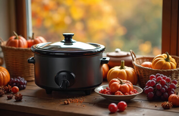 Slow cooker with seasonal ingredients. Pumpkins, grapes, spices, tomatoes. Autumn comfort food preparation, healthy stewing recipe for dinner. Fall season meal at wooden table near window.