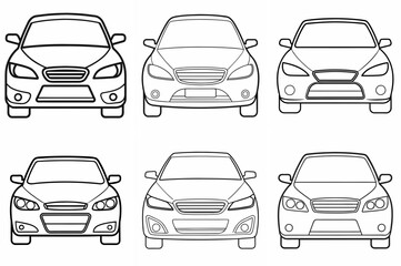 Car Front View Outline Coloring Book Page – Line Art Drawing Set on White Background