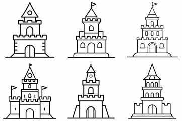Fototapeta premium Castle Tower Outline Coloring Book Page – Line Art Drawing Set on White Background