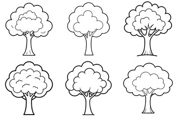 Cartoon Tree Outline Coloring Book Page – Line Art Drawing Set on White Background