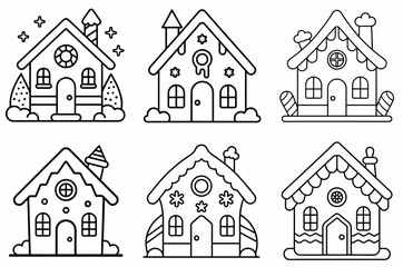 Christmas Gingerbread House, Sweets, and Lollipops Outline Coloring Book Page – Line Art Drawing Set on White Background