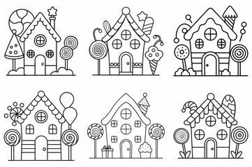 Fototapeta premium Christmas Gingerbread House, Sweets, and Lollipops Outline Coloring Book Page – Line Art Drawing Set on White Background