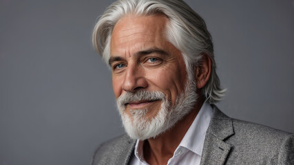 A smiling man with a beard and gray hair is wearing a gray suit and tie. He is standing in front of a gray background . Close-up portrait of a stylish grey haired middle aged man