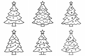 Christmas Tree Outline Coloring Book Page – Line Art Drawing Set on White Background