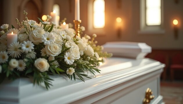 Closeup of modern white coffin in church with fresh white flowers. Burning candles, funeral ceremony, farewell to the dead, funeral service. Memorial, remembrance, honoring the deceased.