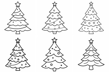 Christmas Tree Outline Coloring Book Page – Line Art Drawing Set on White Background