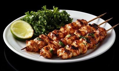 Plate of three skewers of chicken with a side of green herbs. The plate is set on a black background