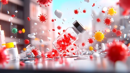 Vaccine vial with virus attack, and city.