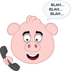 vector illustration emoji character face pig cartoon, talking on the phone and a speech bubble with the text blah