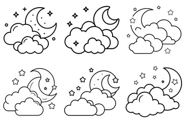 Obraz premium Clouds, Stars, and Moon Outline Coloring Book Page – Line Art Drawing Set on White Background