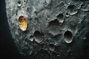 A celestial body, possibly the moon, scarred by craters with one displaying an unusual orange glow within its depths.