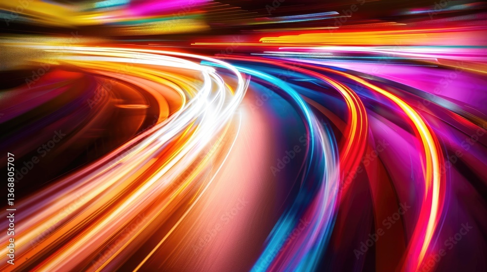 Poster a stunning image showcasing vivid light trails with a strong motion blur effect, creating a dynamic 