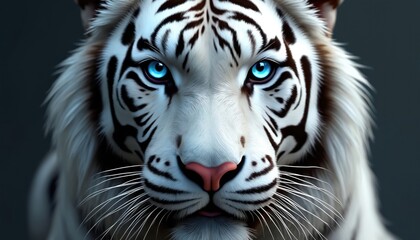 Majestic white tiger portrait. Stunning illustration with blue eyes. Close-up, detailed depiction of animal face with fur, stripes, whiskers. Ideal for wildlife, nature, big cat, predator themes.