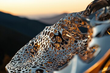 A complex, porous metallic structure with golden light reflecting within, set against a backdrop of distant mountains at sunset.