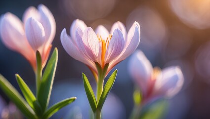 Fototapeta premium Delicate crocus flowers glow in soft sunlight. Petals are pink and white, stems green