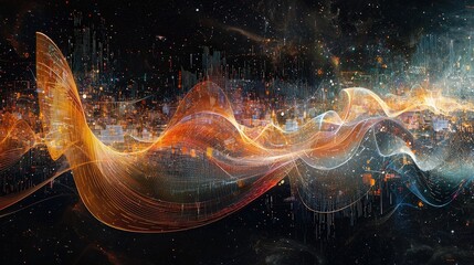 Abstract digital landscape with vibrant orange and blue light waves and data streams