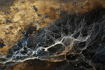 Delicate spiderwebs cling to a weathered, dark surface, sparkling with tiny droplets of moisture in an intricate, natural design.