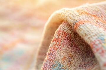 Close-up shot capturing the soft textures and subtle hues of a folded, woven fabric bathed in gentle sunlight.