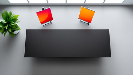 A minimalist workspace awaits, ready for creative inspiration, featuring two vibrant gradient artworks on easels and a sleek, dark desk under bright overhead light.