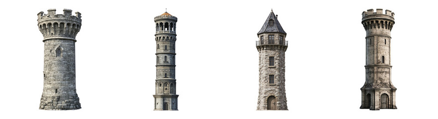 Antique Stone Towers with Unique Architectural Features and Designs, PNG bundle collection, Isolated on Transparent Background