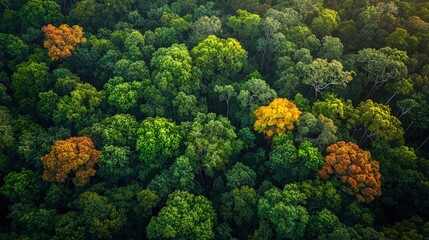 Aerial view of lush forest canopy with seasonal autumn colors and sunlight