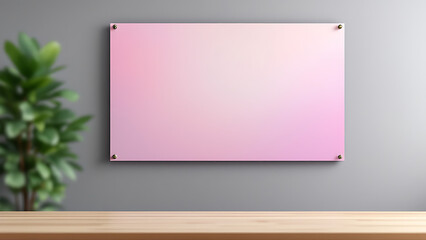 Obraz premium Serene pastel pink wall art, a calming minimalist piece adding gentle elegance to a modern space with subtle light and a blurred green plant.