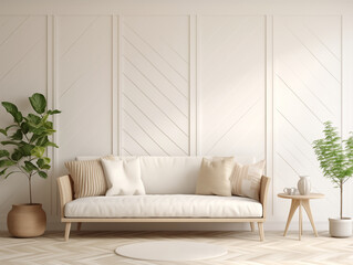 Modern minimalist living room interior with wall panelling in light colors and light color interior. Living room with wall panels, couch and simple minimalist decor