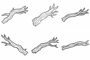 Driftwood Outline Coloring Book Page – Line Art Drawing Set on White Background