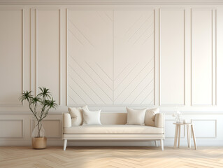 Modern minimalist living room interior with wall panelling in light colors and light color interior. Living room with wall panels, couch and simple minimalist decor