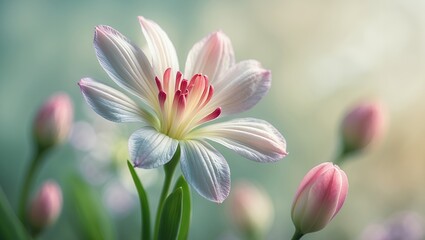 Fototapeta premium Delicate flower in focus with buds, soft colors, and dreamy blurred background
