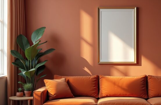 Modern interior living room design. Mockup poster frame on terracotta wall above orange sofa with pillows. Window with brown curtains on side. Big green plant and small flowerpots on wooden table.