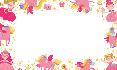 Little princess with unicorn frame. Vector illustration of cute ballerinas, stars and other related items