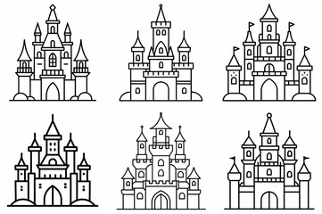 Fototapeta premium Fairytale Castle Outline Coloring Book Page – Line Art Drawing Set on White Background