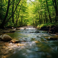 Obraz premium Stream flows through a green forest with sunlit canopy. Rocks and water