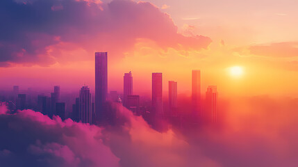 City skyline veiled in colorful clouds at sunrise. Veiled Horizon. Illustration