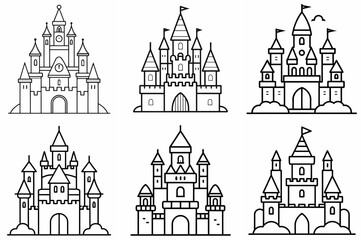 Obraz premium Fairytale Castle Outline Coloring Book Page – Line Art Drawing Set on White Background