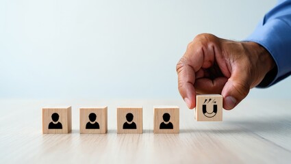Customer retention concept. Inbound marketing strategy. Attracting potential customers. Hand puts wooden cubes with magnet attracts customer icons on beautiful grey background and copy space. Loyalty