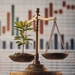 Brass balance scale with plant and financial charts - nature vs economics concept
