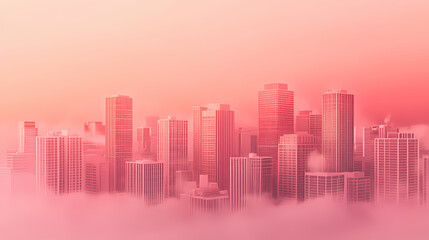 Fototapeta premium In a pink cityscape, modern buildings are veiled in fog, revealing the captivating aesthetic of urban architecture. Veiled Horizon. Illustration