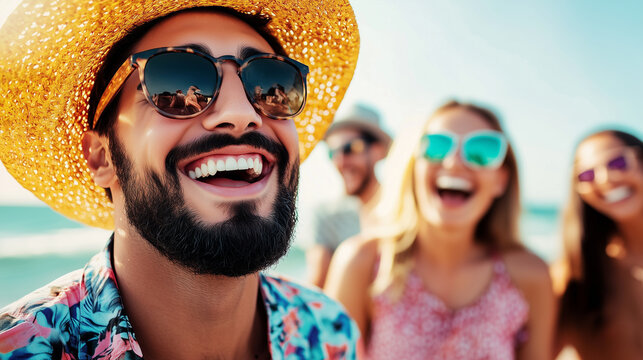 A diverse group of friends embracing the beach lifestyle, soaking up the sun and sharing moments of laughter. Concept of togetherness and summer joy. friends, beach, summer, happin