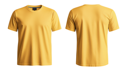 Png of Front and back view of a vibrant yellow unisex t-shirt, showcasing its simple and modern design on transparent background.