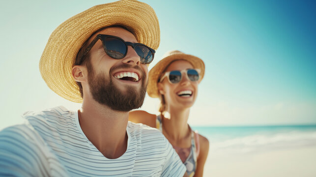 A happy young couple enjoying a sunny day at the beach, laughing and embracing the warm summer breeze. Concept of love, relaxation, and joyful moments by the ocean. couple, beach,
